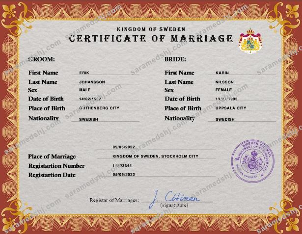 Sweden marriage certificate PSD template
